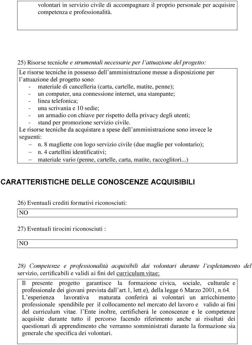 di cancelleria (carta, cartelle, matite, penne); - un computer, una connessione internet, una stampante; - linea telefonica; - una scrivania e 10 sedie; - un armadio con chiave per rispetto della