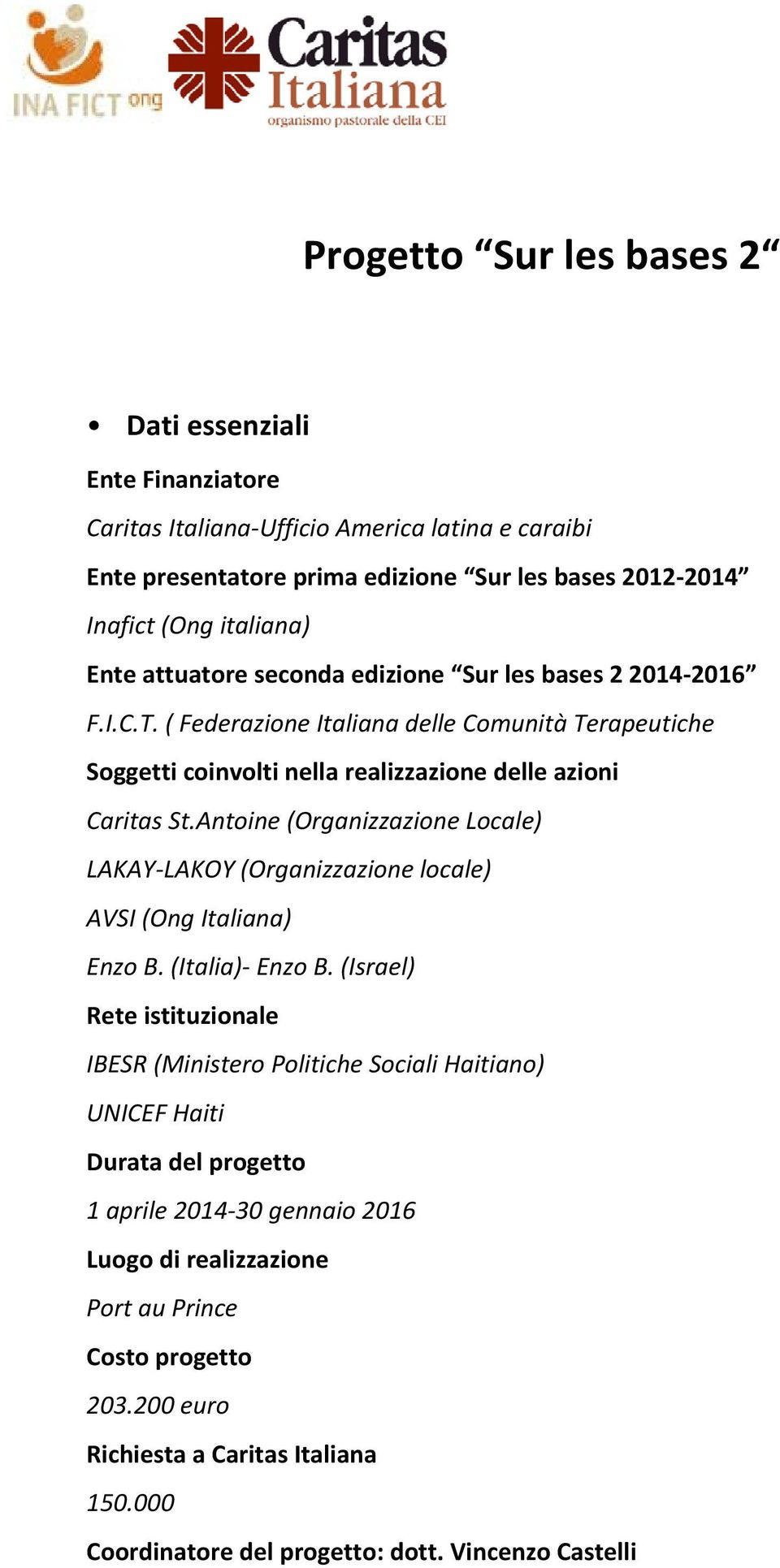 Antoine (Organizzazione Locale) LAKAY LAKOY (Organizzazione locale) AVSI (Ong Italiana) Enzo B. (Italia) Enzo B.