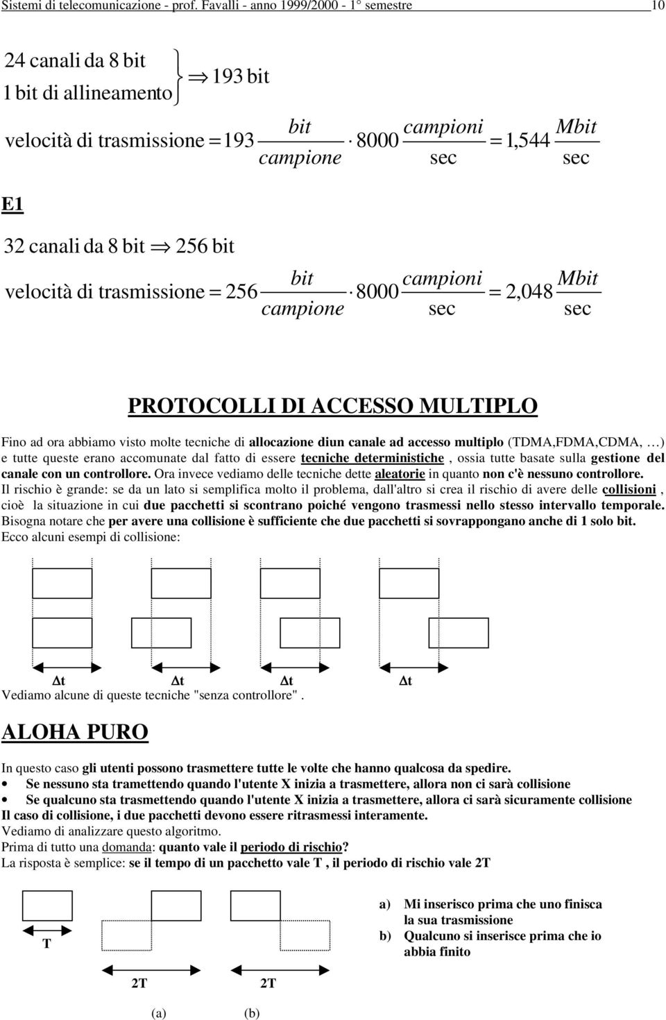 trasmissione = 256 bit campione campioni 8000 Mbit = 2,048 PROTOCOLLI DI ACCESSO MULTIPLO Fino ad ora abbiamo visto molte tecniche di allocazione diun canale ad accesso multiplo (TDMA,FDMA,CDMA, ) e