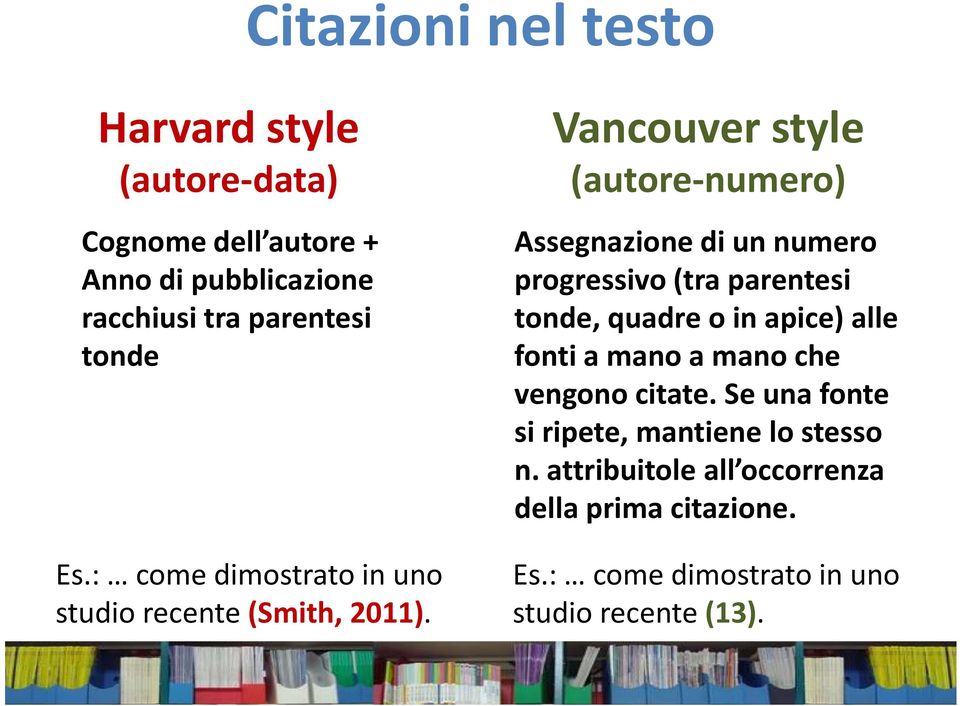 Vancouver style (autore-numero) Assegnazione di un numero progressivo(tra parentesi tonde, quadreo in apice) alle