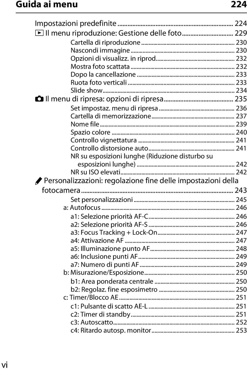 .. 237 Nome file... 239 Spazio colore... 240 Controllo vignettatura... 241 Controllo distorsione auto... 241 NR su esposizioni lunghe (Riduzione disturbo su esposizioni lunghe)... 242 NR su ISO elevati.