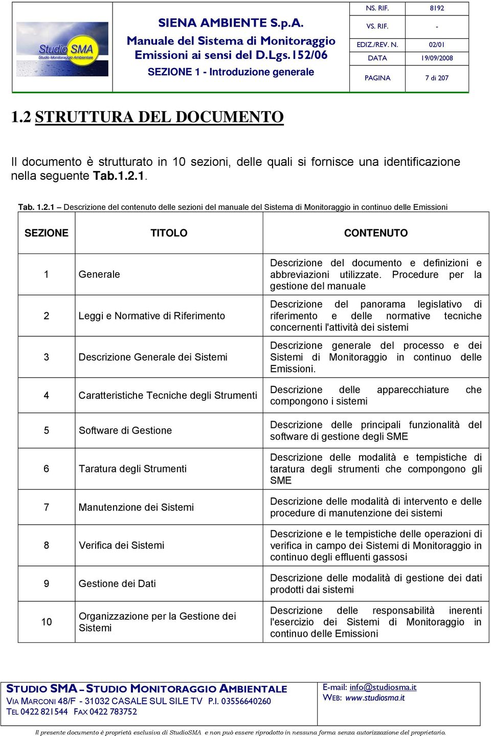 STRUTTURA DEL DOCUMENTO Il documento è strutturato in 10 sezioni, delle quali si fornisce una identificazione nella seguente Tab.1.2.