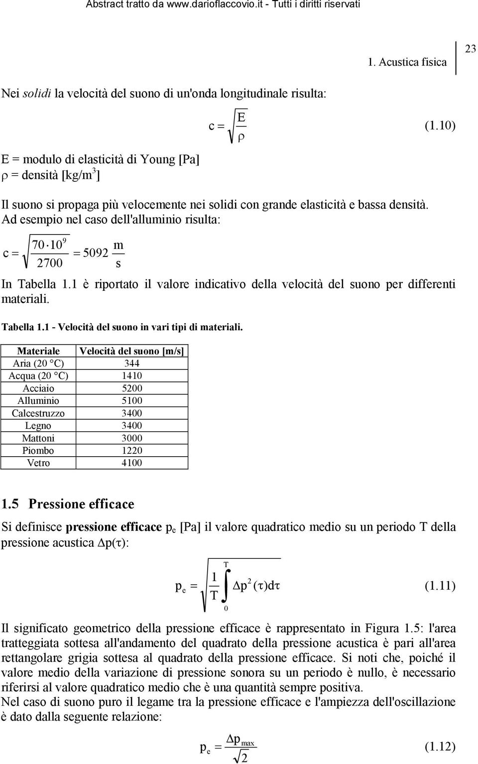 1 è riportato il valore indicativo della velocità del suono per differenti materiali. Tabella 1.1 - Velocità del suono in vari tipi di materiali.