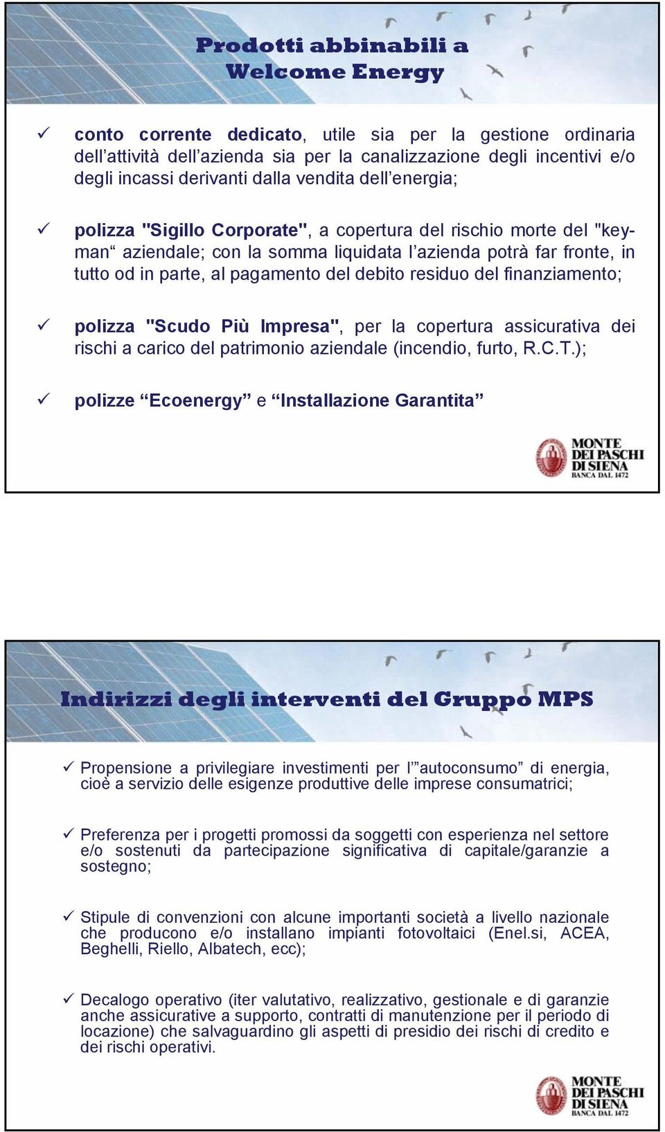 debito residuo del finanziamento; polizza "Scudo Più Impresa", per la copertura assicurativa dei rischi a carico del patrimonio aziendale (incendio, furto, R.C.T.