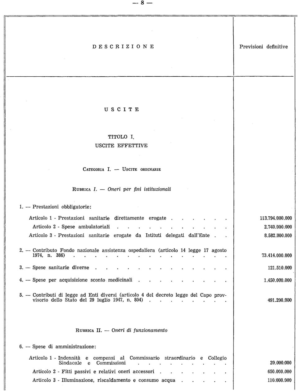 386) 3. Spese sanitarie diverse 4. Spese per acquisizione sconto medicinali 5. Contributi di legge ad Enti diversi (articolo 4 del decreto legge del Capo provvisorio dello Stato del 29 luglio 1947, n.