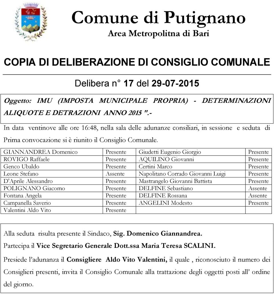 GIANNANDREA Domenico Presente Giudetti Eugenio Giorgio Presente ROVIGO Raffaele Presente AQUILINO Giovanni Presente Genco Ubaldo Presente Certini Marco Presente Leone Stefano Assente Napolitano