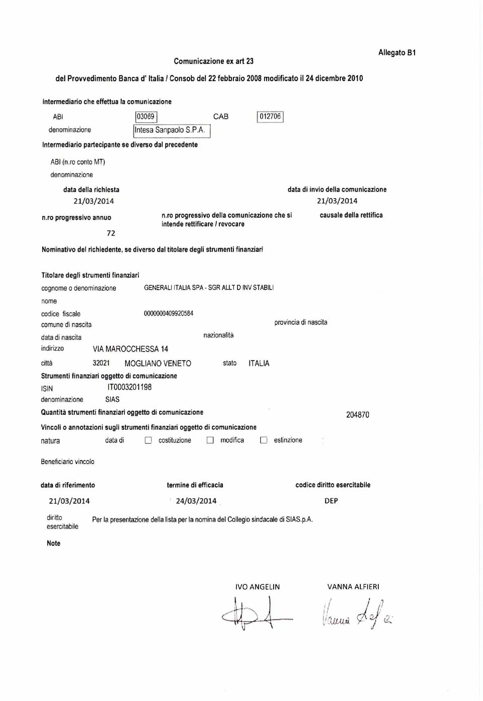 ro conto MT) denominazione data della richiesta data di invio della comunicazione 21/03/2014 21/03/2014 n.ro progressivo annuo n.