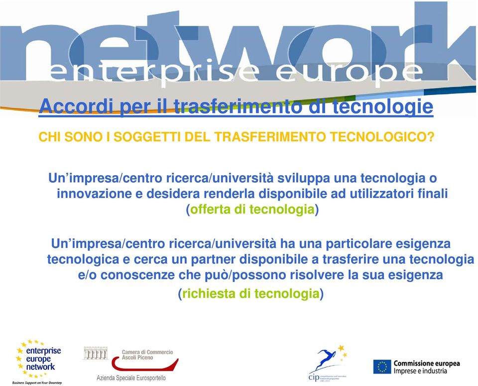 utilizzatori finali (offerta di tecnologia) Un impresa/centro ricerca/università ha una particolare esigenza