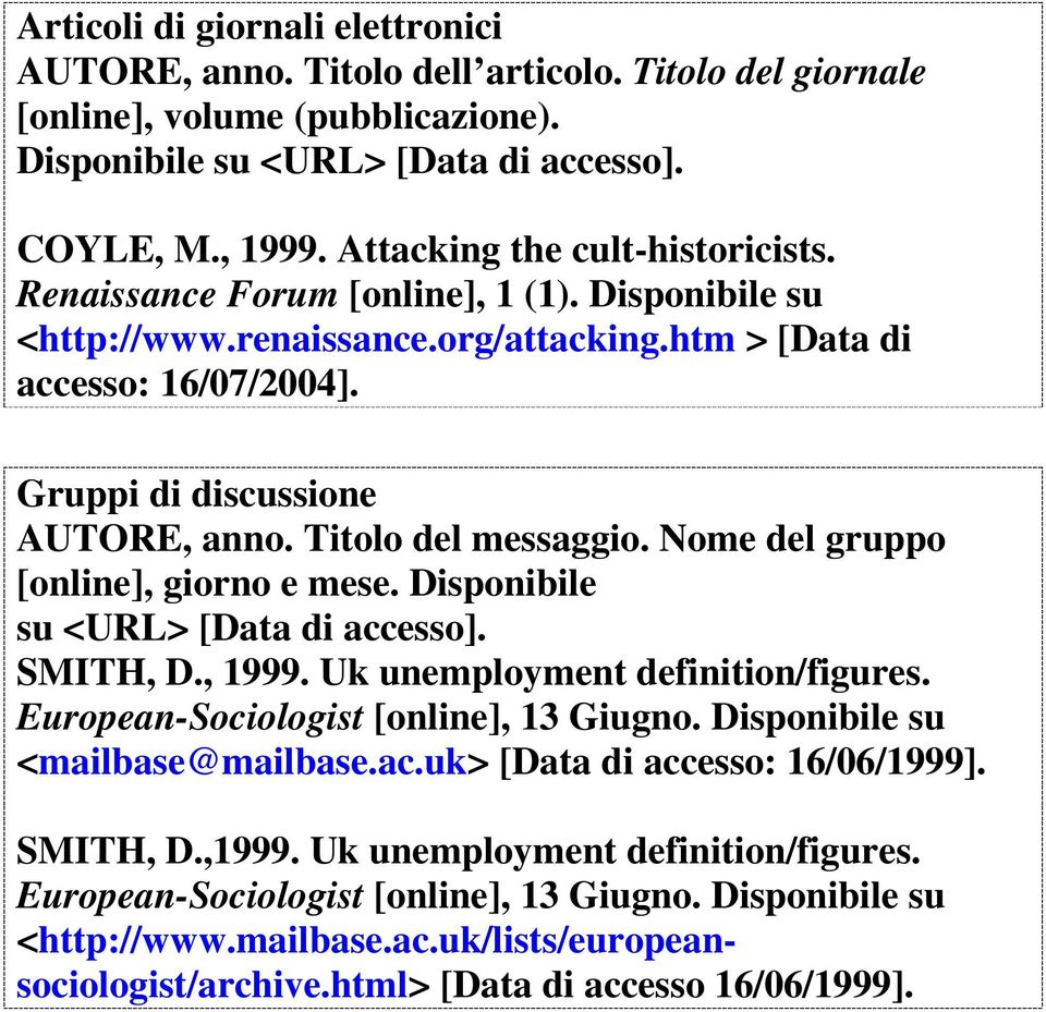 Titolo del messaggio. Nome del gruppo [online], giorno e mese. Disponibile su <URL> [Data di accesso]. SMITH, D., 1999. Uk unemployment definition/figures. European-Sociologist [online], 13 Giugno.
