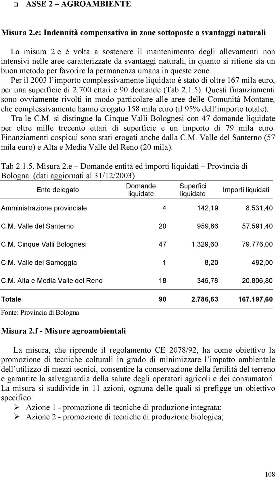 queste zone. Per il 2003 l importo complessivamente liquidato è stato di oltre 167 mila euro, per una superficie di 2.700 ettari e 90 domande (Tab 2.1.5).