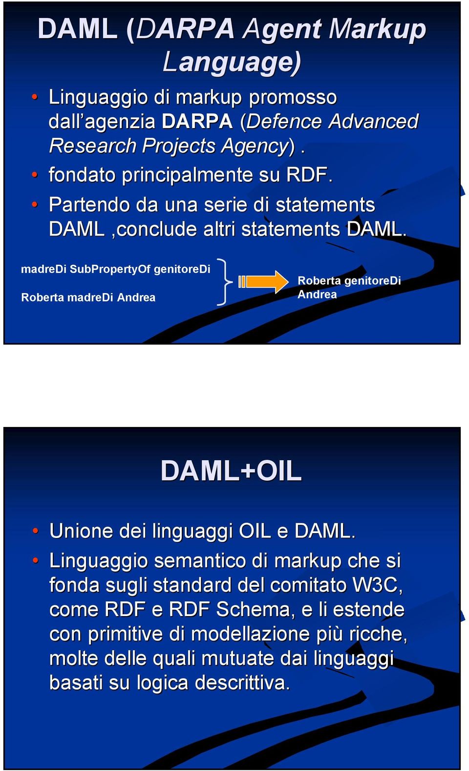 madredi SubPropertyOf genitoredi Roberta madredi Andrea Roberta genitoredi Andrea DAML+OIL Unione dei linguaggi OIL e DAML.