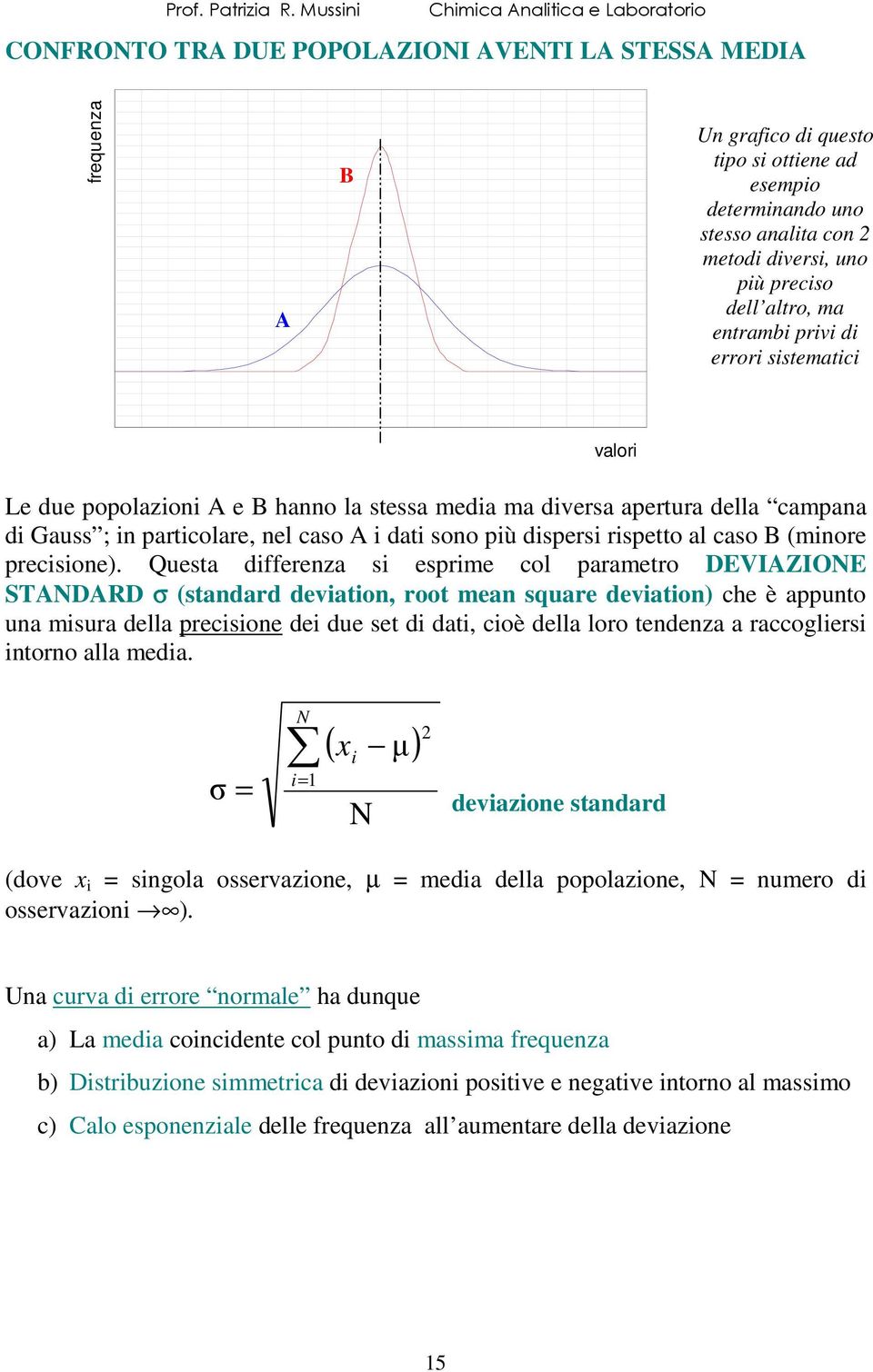 dell altro, ma entramb prv d error sstematc Le due popolazon A e B hanno la stessa meda ma dversa apertura della campana d Gauss ; n partcolare, nel caso A dat sono pù dspers rspetto al caso B (mnore