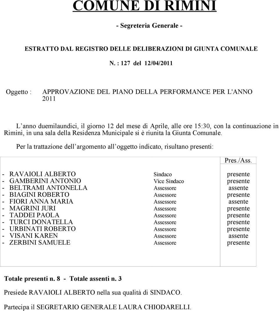 sala della Residenza Municipale si è riunita la Giunta Comunale. Per la trattazione dell argomento all oggetto indicato, risultano presenti: Pres./Ass.