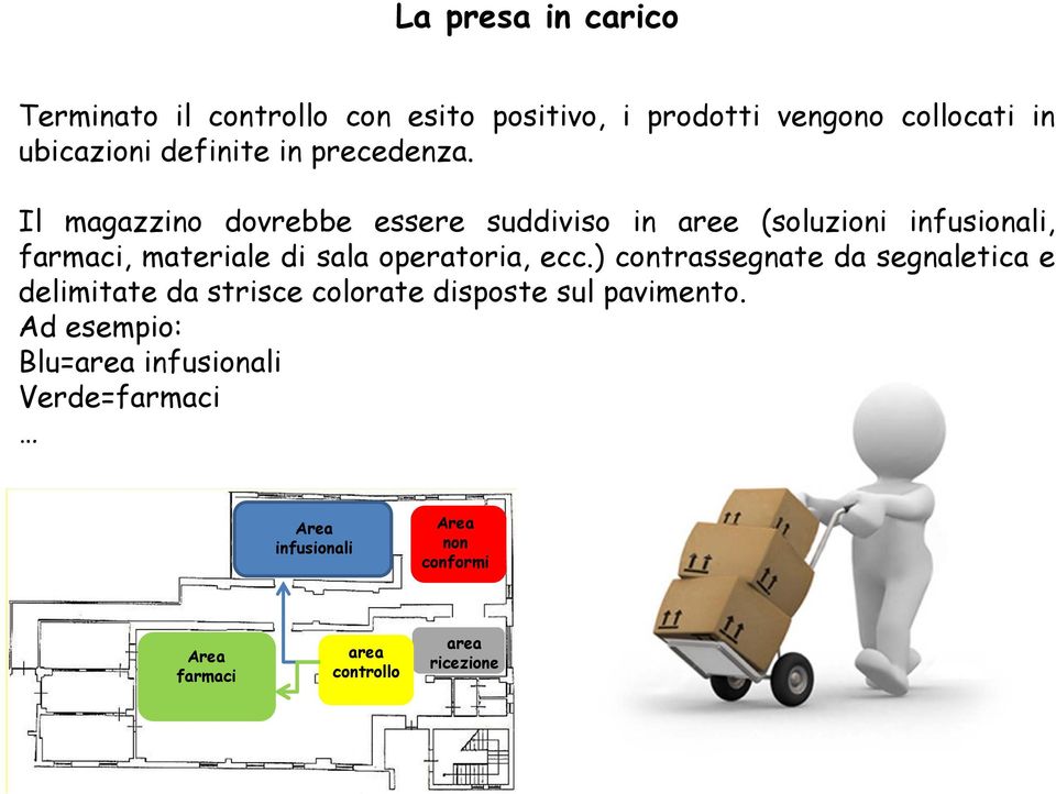 Il magazzino dovrebbe essere suddiviso in aree (soluzioni infusionali, farmaci, materiale di sala operatoria, ecc.