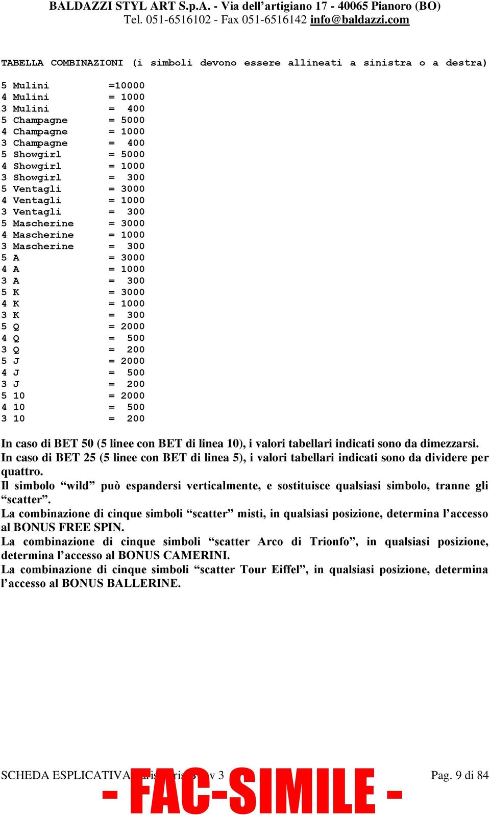 1000 3 K = 300 5 Q = 2000 4 Q = 500 3 Q = 200 5 J = 2000 4 J = 500 3 J = 200 5 10 = 2000 4 10 = 500 3 10 = 200 In caso di BET 50 (5 linee con BET di linea 10), i valori tabellari indicati sono da