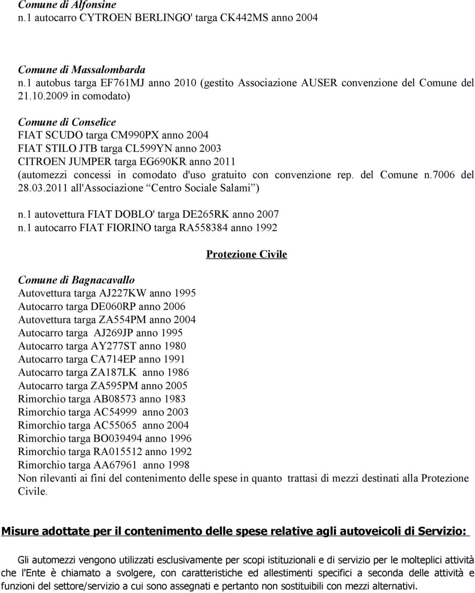 2009 in comodato) Comune di Conselice FIAT SCUDO targa CM990PX anno 2004 FIAT STILO JTB targa CL599YN anno 2003 CITROEN JUMPER targa EG690KR anno 2011 (automezzi concessi in comodato d'uso gratuito