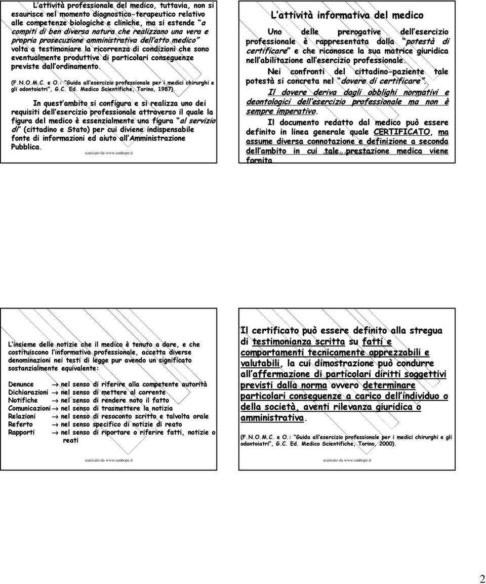 previste dall ordinamento. (F.N.O.M.C. e O.: Guida all esercizio professionale per i medici chirurghi e gli odontoiatri, G.C. Ed. Medico Scientifiche, Torino, 1987).