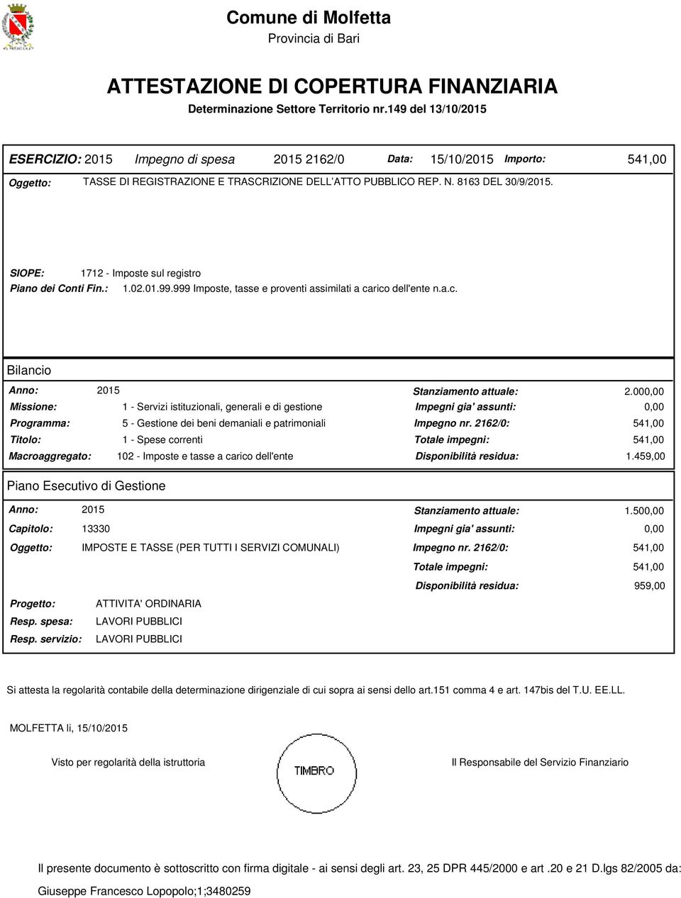 SIOPE: 1712 - Imposte sul registro Piano dei Conti Fin.: 1.02.01.99.999 Imposte, tasse e proventi assimilati a ca