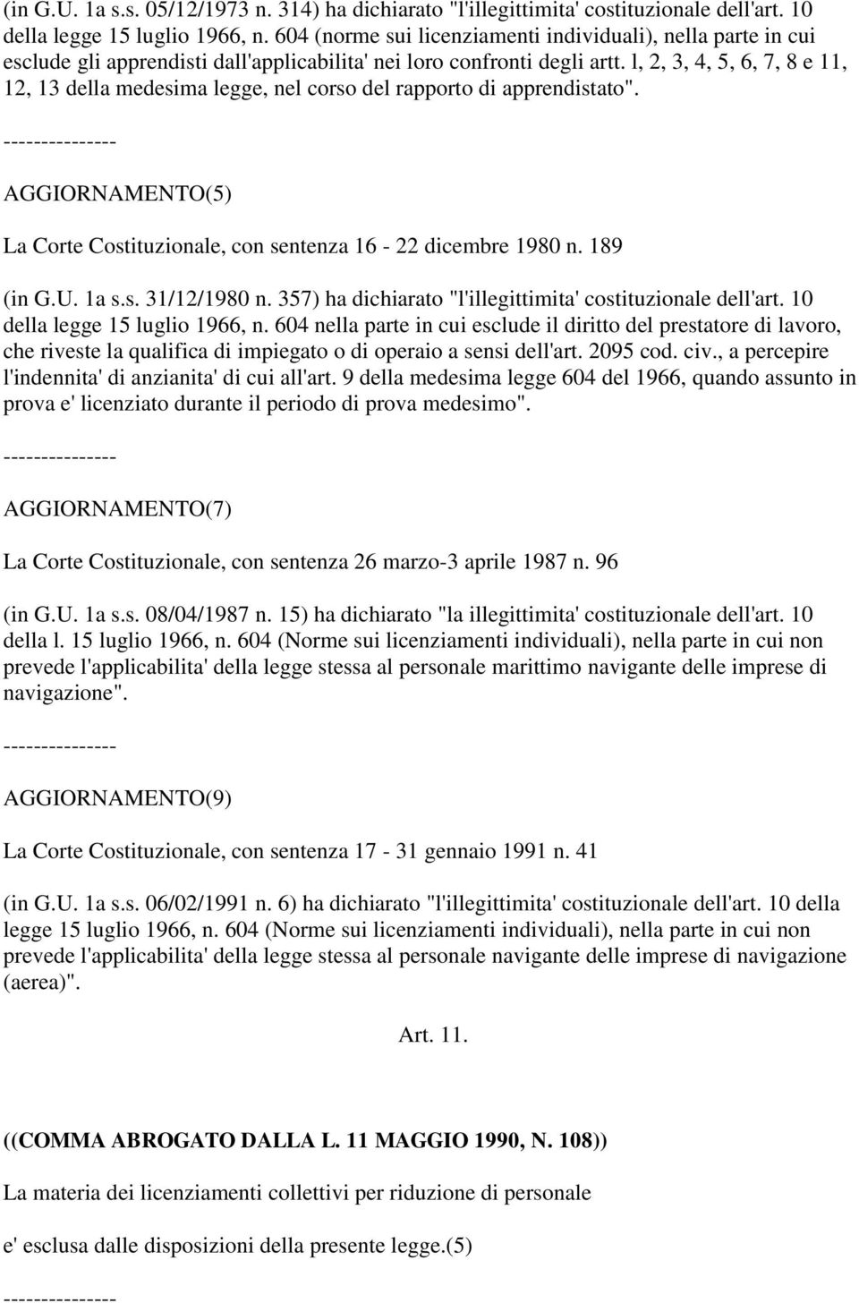 l, 2, 3, 4, 5, 6, 7, 8 e 11, 12, 13 della medesima legge, nel corso del rapporto di apprendistato". AGGIORNAMENTO(5) La Corte Costituzionale, con sentenza 16-22 dicembre 1980 n. 189 (in G.U. 1a s.s. 31/12/1980 n.