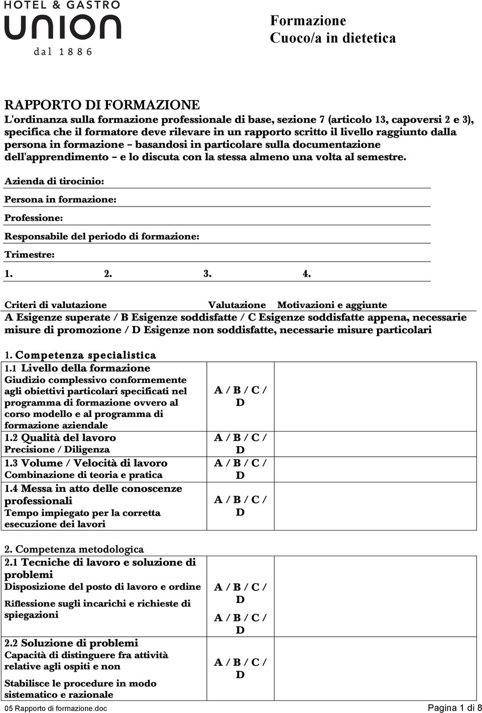 Azienda di tirocinio: Persona in formazione: Professione: Responsabile del periodo di formazione: Trimestre: 1. 2. 3. 4.