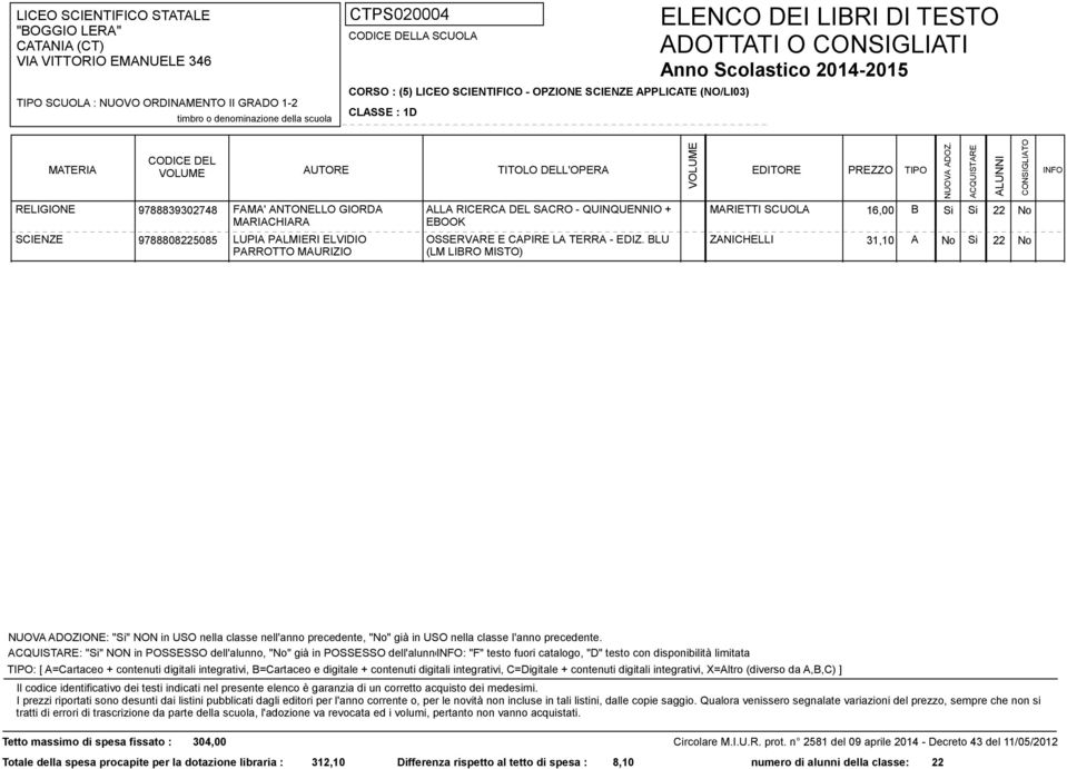 BLU (LM LIBRO MISTO) ZANICHELLI 31,10 A : "Si" NON in POSSESSO dell'alunno, "No" già in POSSESSO dell'alunno: "F" testo fuori catalogo, "D" testo con disponibilità limitata : [ A=Cartaceo + contenuti