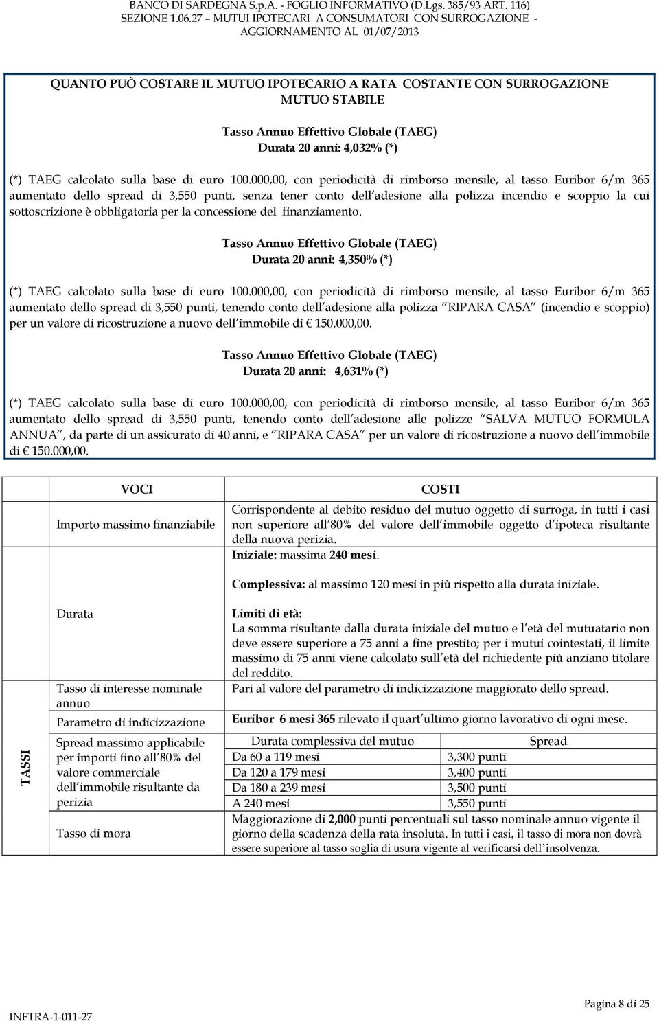 obbligatoria per la concessione del finanziamento. Durata 20 anni: 4,350% (*) (*) TAEG calcolato sulla base di euro 100.