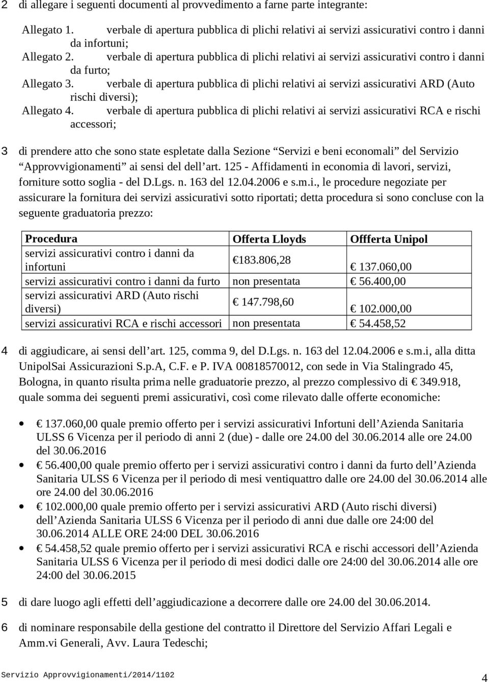 verbale di apertura pubblica di plichi relativi ai servizi assicurativi contro i danni da furto; Allegato 3.