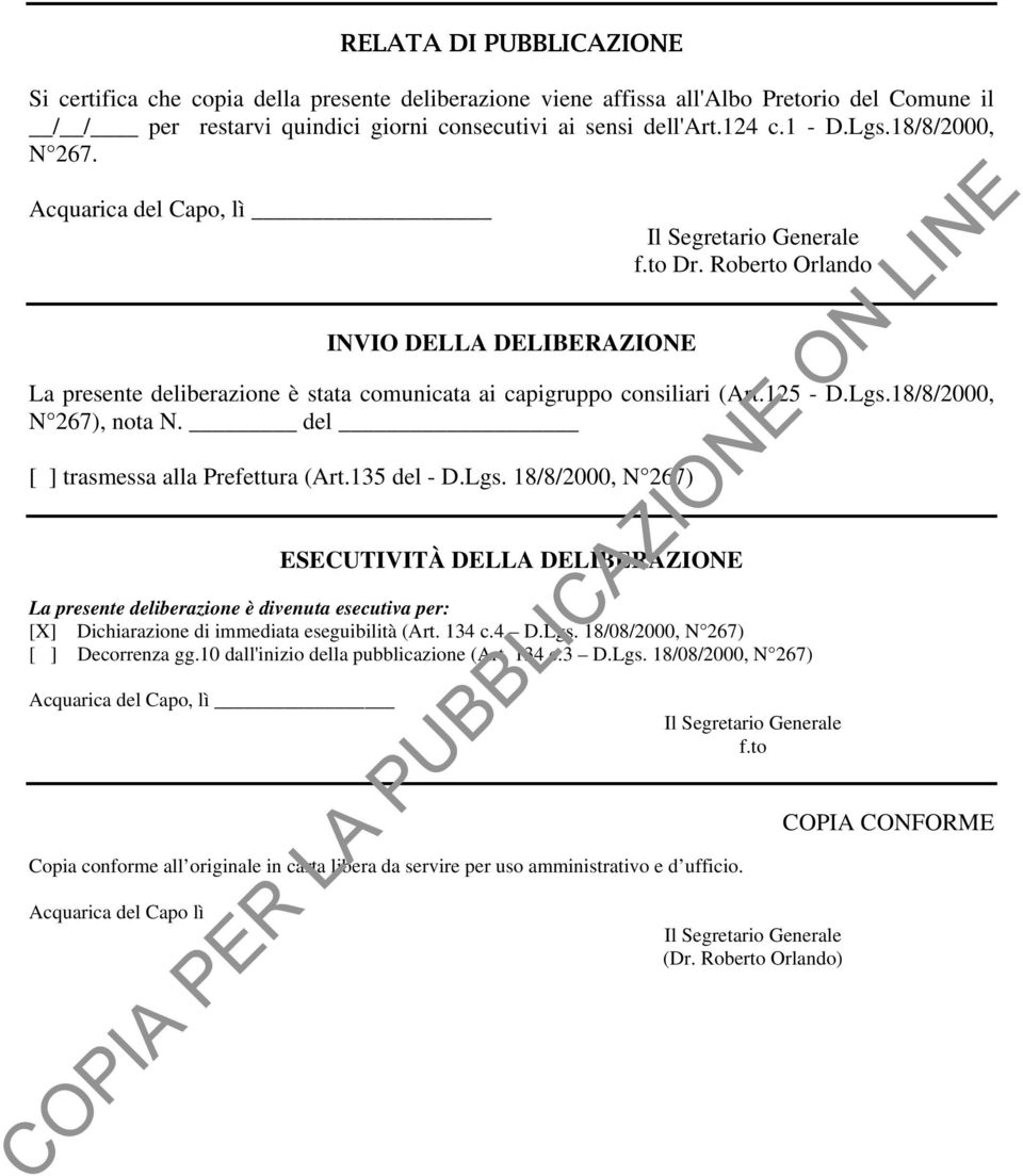 del [ ] trasmessa alla Prefettura (Art.135 del - D.Lgs.