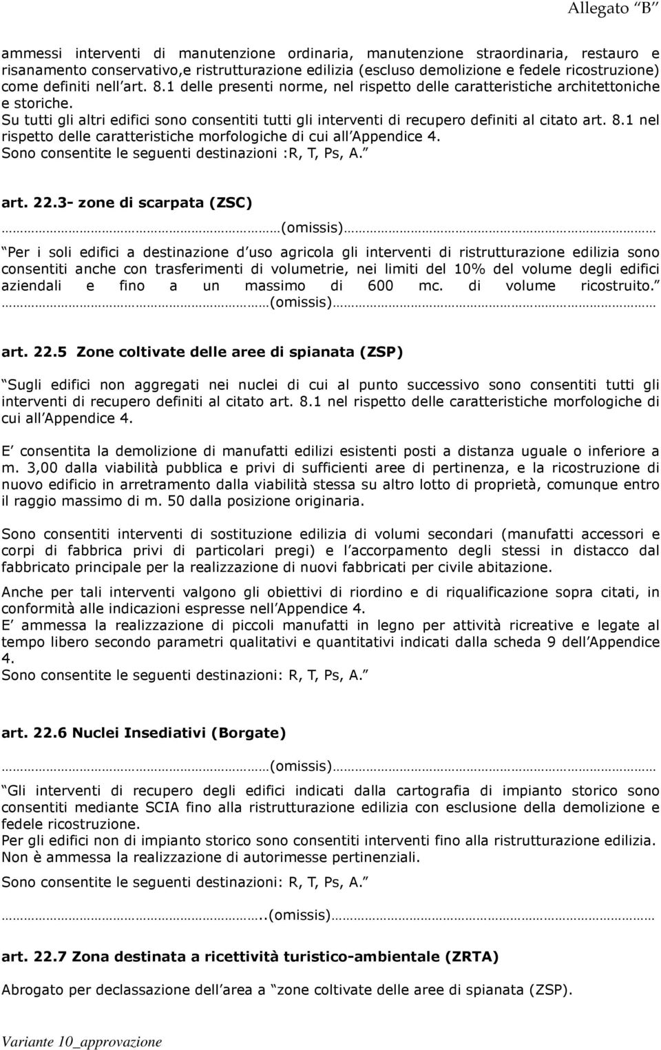 8.1 nel rispetto delle caratteristiche morfologiche di cui all Appendice 4. Sono consentite le seguenti destinazioni :R, T, Ps, A. art. 22.