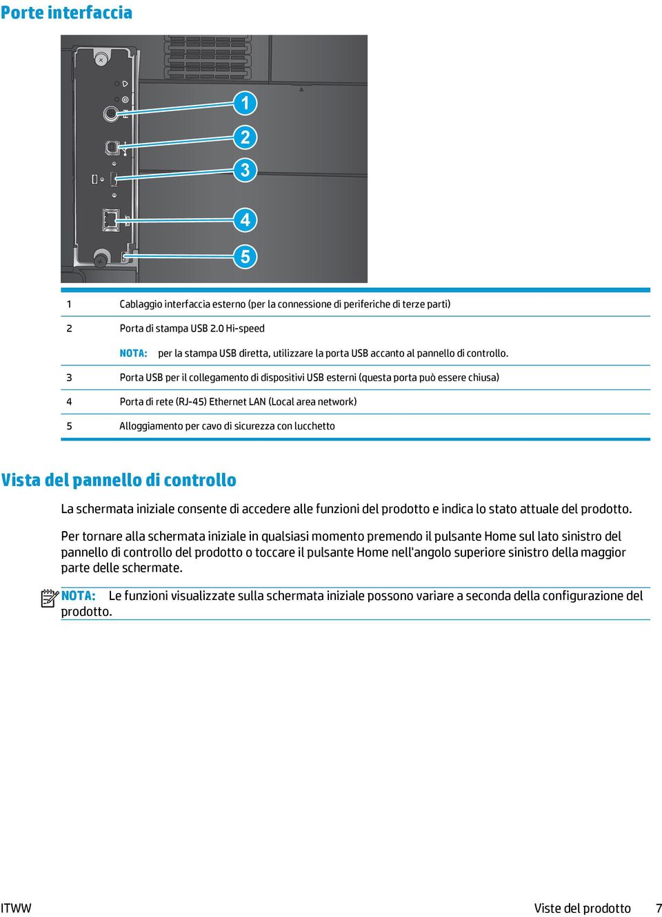 3 Porta USB per il collegamento di dispositivi USB esterni (questa porta può essere chiusa) 4 Porta di rete (RJ-45) Ethernet LAN (Local area network) 5 Alloggiamento per cavo di sicurezza con