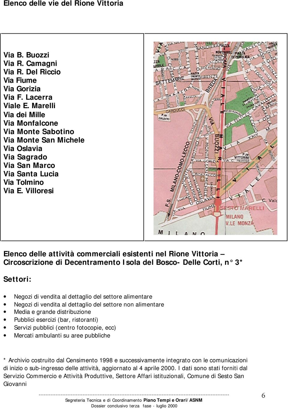 Villoresi Elenco delle attività commerciali esistenti nel Rione Vittoria Circoscrizione di Decentramento Isola del Bosco- Delle Corti, n 3* Settori: Negozi di vendita al dettaglio del settore