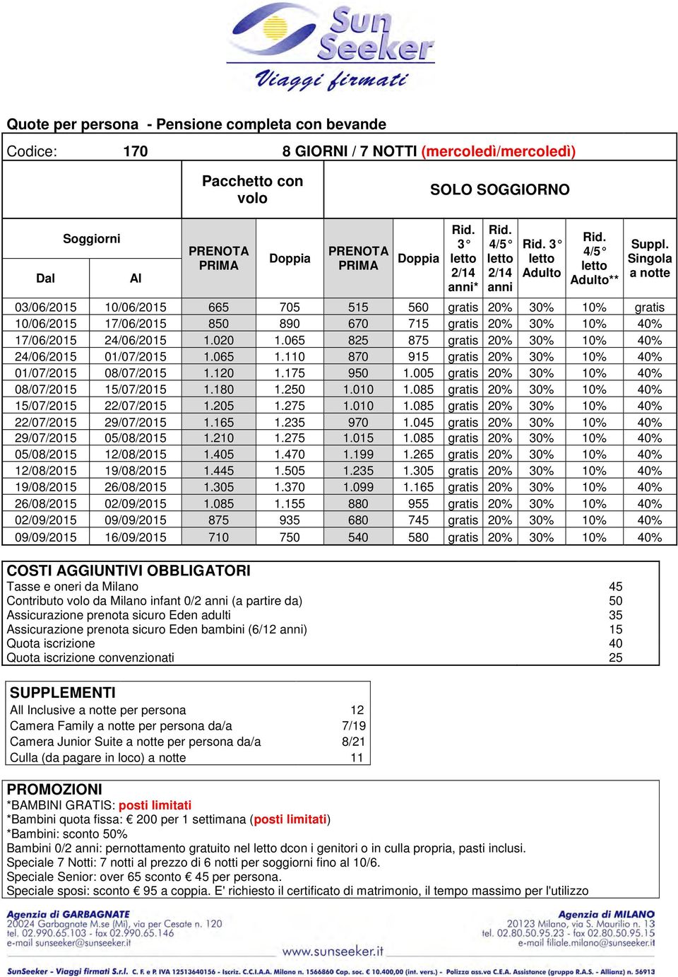 Singola a notte 03/06/2015 10/06/2015 665 705 515 560 gratis 20% 30% 10% gratis 10/06/2015 17/06/2015 850 890 670 715 gratis 20% 30% 10% 40% 17/06/2015 24/06/2015 1.020 1.