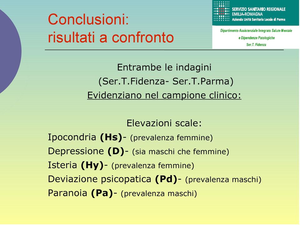 Parma) Evidenziano nel campione clinico: Elevazioni scale: Ipocondria (Hs)-