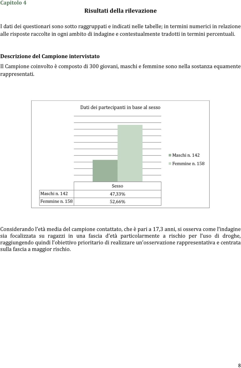 Dati dei partecipanti in base al sesso Maschi n. 142 Femmine n. 158 Sesso Maschi n. 142 47,33% Femmine n.