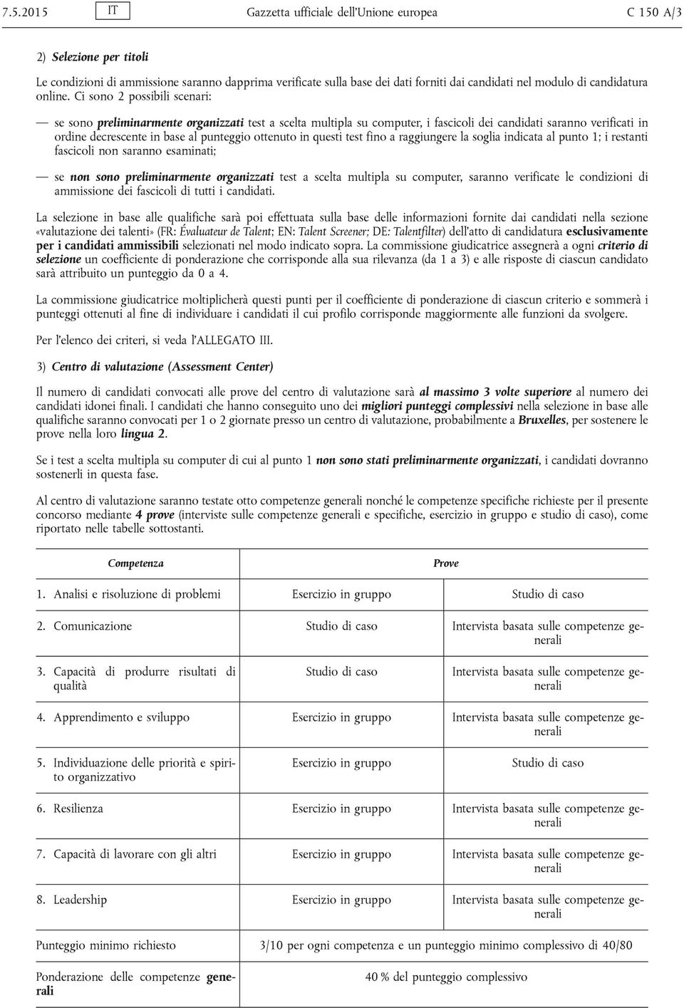 Ci sono 2 possibili scenari: se sono preliminarmente organizzati test a scelta multipla su computer, i fascicoli dei candidati saranno verificati in ordine decrescente in base al punteggio ottenuto