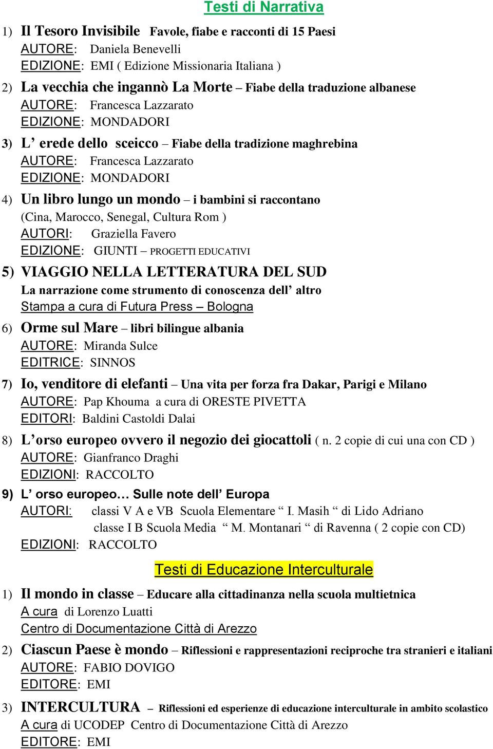 un mondo i bambini si raccontano (Cina, Marocco, Senegal, Cultura Rom ) AUTORI: Graziella Favero EDIZIONE: GIUNTI PROGETTI EDUCATIVI 5) VIAGGIO NELLA LETTERATURA DEL SUD La narrazione come strumento