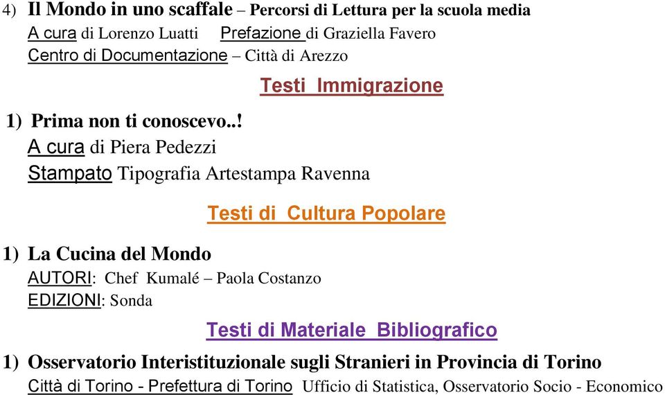 .! A cura di Piera Pedezzi Stampato Tipografia Artestampa Ravenna 1) La Cucina del Mondo AUTORI: Chef Kumalé Paola Costanzo EDIZIONI: Sonda