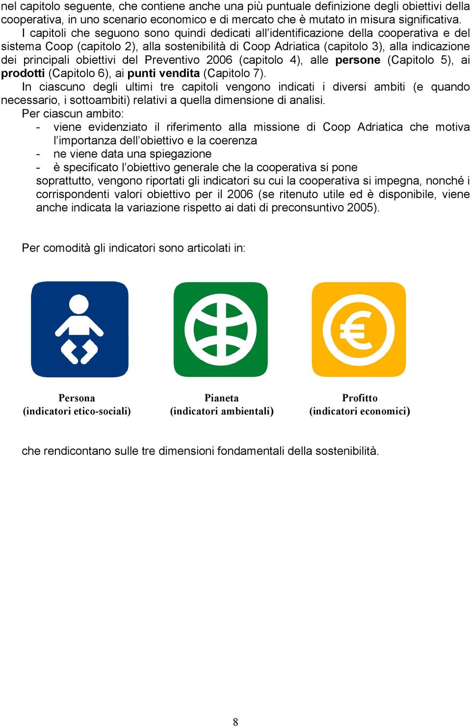 obiettivi del Preventivo 2006 (capitolo 4), alle persone (Capitolo 5), ai prodotti (Capitolo 6), ai punti vendita (Capitolo 7).