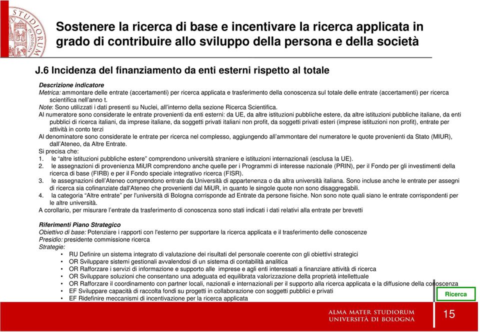 totale delle entrate (accertamenti) per ricerca scientifica nell anno t. Note: Sono utilizzati i dati presenti su Nuclei, all interno della sezione Ricerca Scientifica.