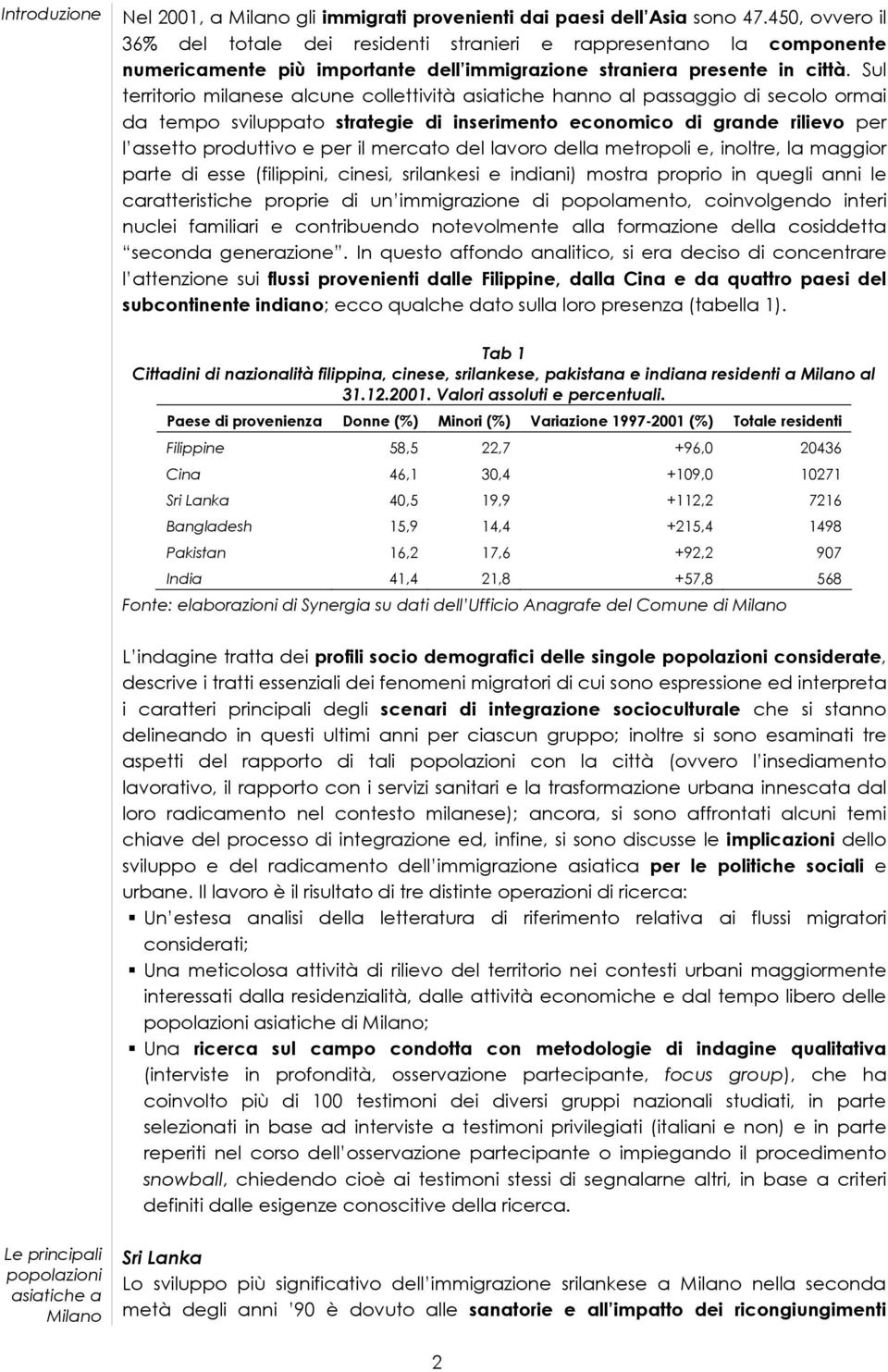 Sul territorio milanese alcune collettività asiatiche hanno al passaggio di secolo ormai da tempo sviluppato strategie di inserimento economico di grande rilievo per l assetto produttivo e per il