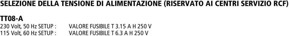 Volt, 50 Hz SETUP : VALORE FUSIBILE T 3.