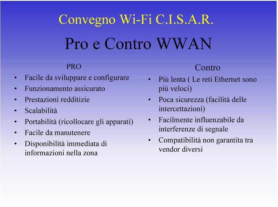 informazioni nella zona Contro Più lenta ( Le reti Ethernet sono più veloci) Poca sicurezza (facilità