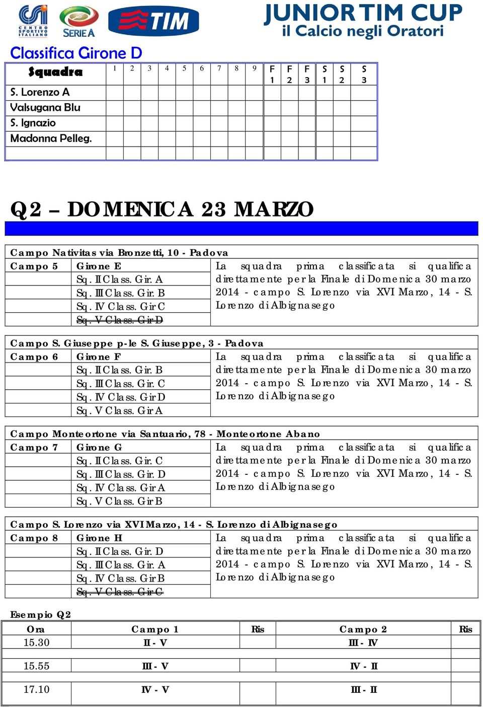 Gir. B q. III Class. Gir. C q. IV Class. Gir D direttamente per la inale di Domenica 0 marzo 04 - campo. Lorenzo via XVI Marzo, 4 -. q. V Class.