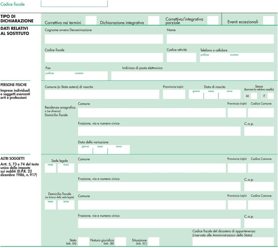 Provincia (sigla) Data di nascita giorno mese anno Residenza anagrafica o (se diverso) Domicilio fiscale Comune Provincia (sigla) Sesso (barrare la relativa casella) M F Codice Comune Frazione, via e