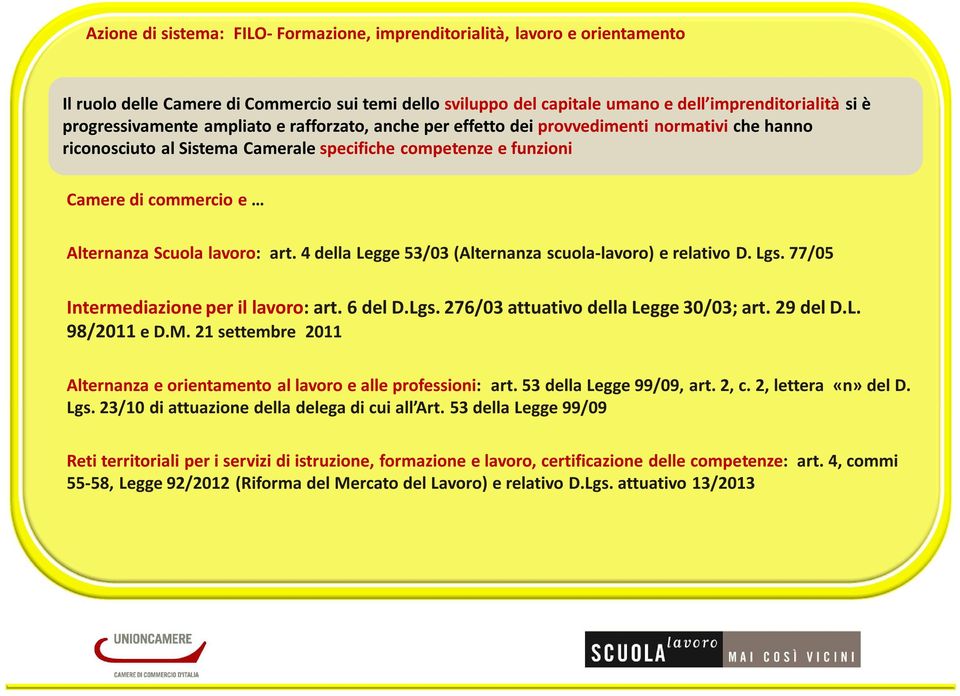 Scuola lavoro: art. 4 della Legge 53/03 (Alternanza scuola-lavoro) e relativo D. Lgs. 77/05 Intermediazione per il lavoro: art. 6 del D.Lgs. 276/03 attuativo della Legge 30/03; art. 29 del D.L. 98/2011 e D.