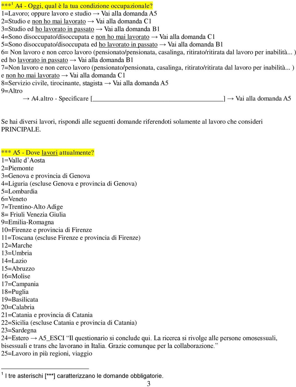 mai lavorato Vai alla domanda C1 5=Sono disoccupato/disoccupata ed ho lavorato in passato Vai alla domanda B1 6= Non lavoro e non cerco lavoro (pensionato/pensionata, casalinga, ritirato/ritirata dal