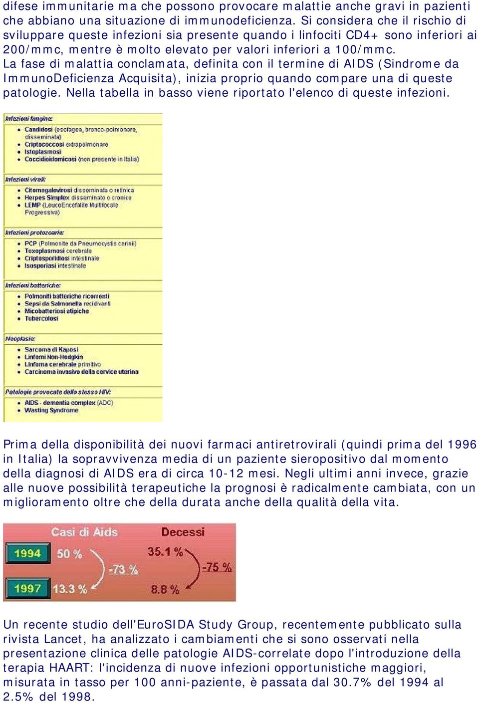 La fase di malattia conclamata, definita con il termine di AIDS (Sindrome da ImmunoDeficienza Acquisita), inizia proprio quando compare una di queste patologie.