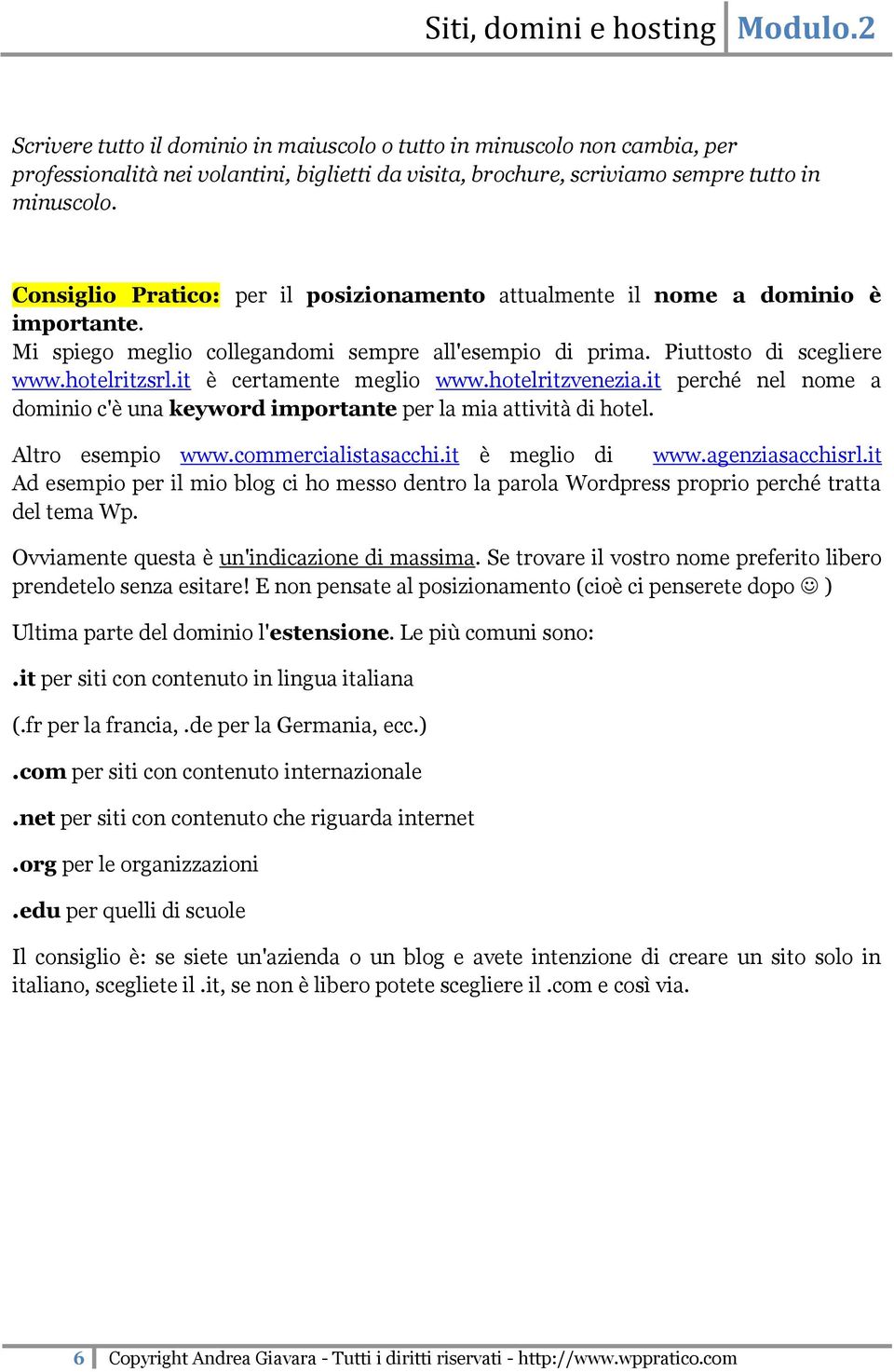 it è certamente meglio www.hotelritzvenezia.it perché nel nome a dominio c'è una keyword importante per la mia attività di hotel. Altro esempio www.commercialistasacchi.it è meglio di www.