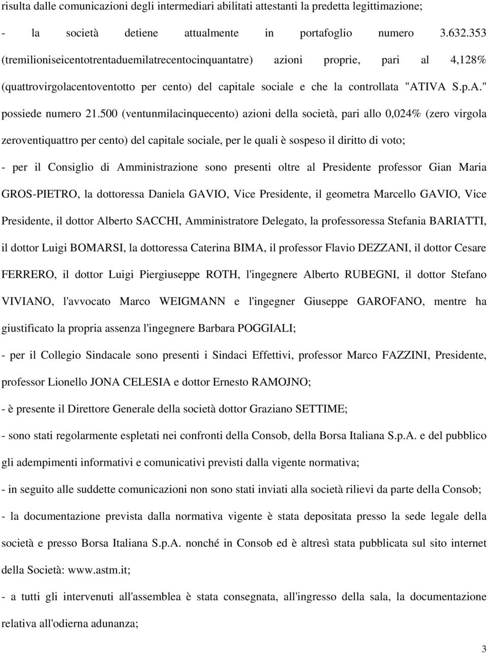 500 (ventunmilacinquecento) azioni della società, pari allo 0,024% (zero virgola zeroventiquattro per cento) del capitale sociale, per le quali è sospeso il diritto di voto; - per il Consiglio di