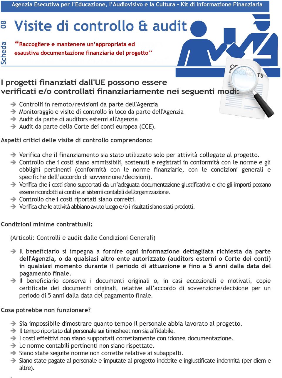 nei seguenti modi: Controlli in remoto/revisioni da parte dell'agenzia Monitoraggio e visite di controllo in loco da parte dell'agenzia Audit da parte di auditors esterni all'agenzia Audit da parte